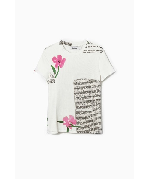 デシグアル Desigual ニュースペーパー&花柄 Tシャツ （ホワイト） Desigual tシャツ ニュースペーパー＆花柄 Tシャツ レディース