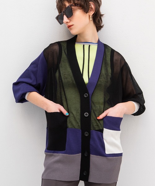 カーディガン AULA AILA/アウラアイラ/別注カラーブロックシアーニットカーディガン レディース COLOR BLOCK SHEER KNIT CARDIGAN — aulaaila