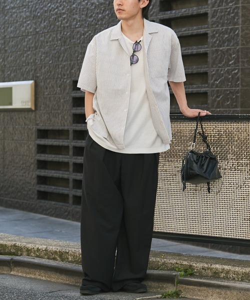 MARNI オーガニックコットンポプリンストライプオープンカラーS/Sシャツ ライトブルー オーガニックポプリン製ミックスストライプシャツ