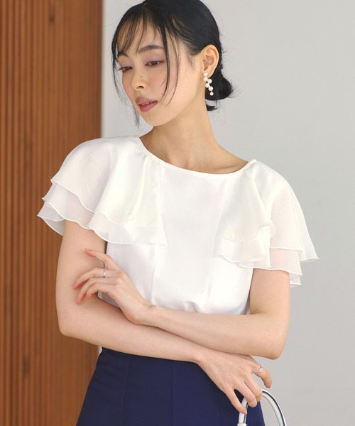 tシャツ 洗える ストレッチ ｜ シアー ダブル フリル ケープ Tシャツ ｜ レディース きれいめカジュアル 通勤 半袖 おしゃれ きれいめ カジュ