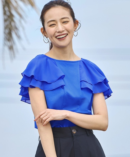 tシャツ 洗える ストレッチ ｜ シアー ダブル フリル ケープ Tシャツ ｜ レディース きれいめカジュアル 通勤 半袖 おしゃれ きれいめ カジュ RUIRUE BOUTIQUE tシャツ 洗える ストレッチ ｜ シアー ダブル
