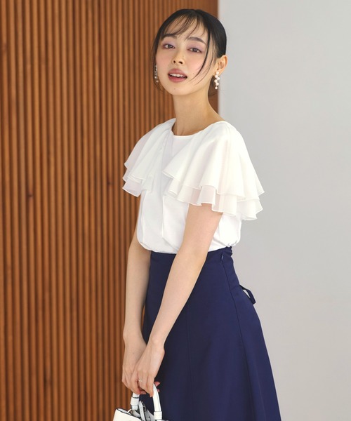 tシャツ 洗える ストレッチ ｜ シアー ダブル フリル ケープ Tシャツ ｜ レディース きれいめカジュアル 通勤 半袖 おしゃれ きれいめ カジュ RUIRUE BOUTIQUE tシャツ 洗える ストレッチ ｜ シアー ダブル