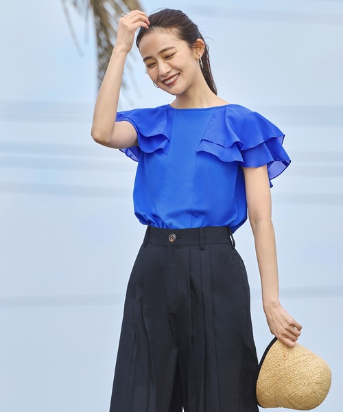 tシャツ 洗える ストレッチ ｜ シアー ダブル フリル ケープ Tシャツ ｜ レディース きれいめカジュアル 通勤 半袖 おしゃれ きれいめ カジュ RUIRUE BOUTIQUE tシャツ 洗える ストレッチ ｜ シアー ダブル