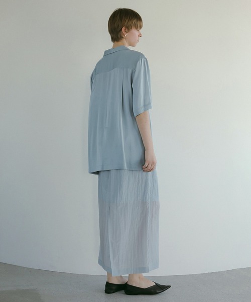 新品タグ付☆MANOF SATIN OVER SHIRTS ブルー 半袖 MANOF（マノフ） ブラウス シャツ SATIN OVER SHIRTS レディース