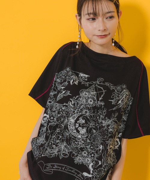 tシャツ 552239：星座と花の箔ラバープリントチュニック レディース