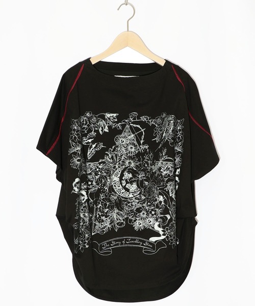 ☆イズスカラー　552239：星座と花の箔ラバープリントチュニック iS ScoLar tシャツ 552239：星座と花の箔ラバープリント