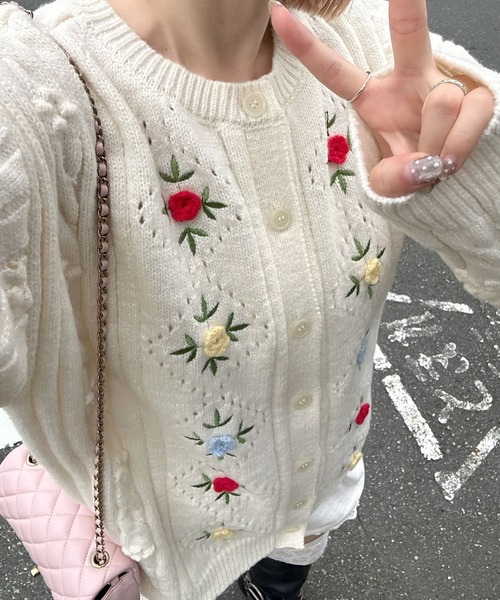 ヴィンテージ レトロ古着 お花刺繍透かし編みカーディガン オフ白系 カントリー his0299_001.jpg