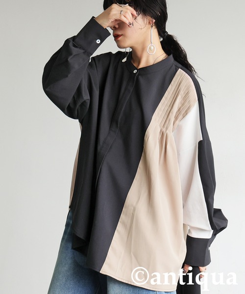 antiqua ブラウス シャツ バイカラータックデザインシャツ