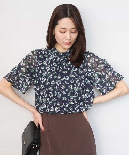 【レオナール】美品☆花柄　ラインストーン　半袖　ブラウス　シャツMブラック MK MICHEL KLEIN（エムケー ミッシェルクラン） ブラウス シャツ 夏