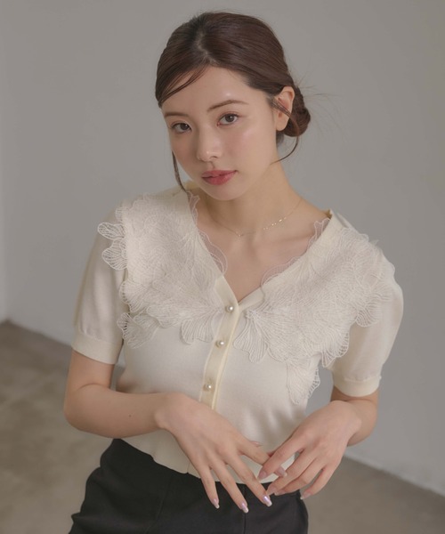 【値下げ】LOUNIE レース 半袖 カーディガン ホワイト INGNI SOELA（イング ソエラ） カーディガン 半袖 「INGNI SOELA
