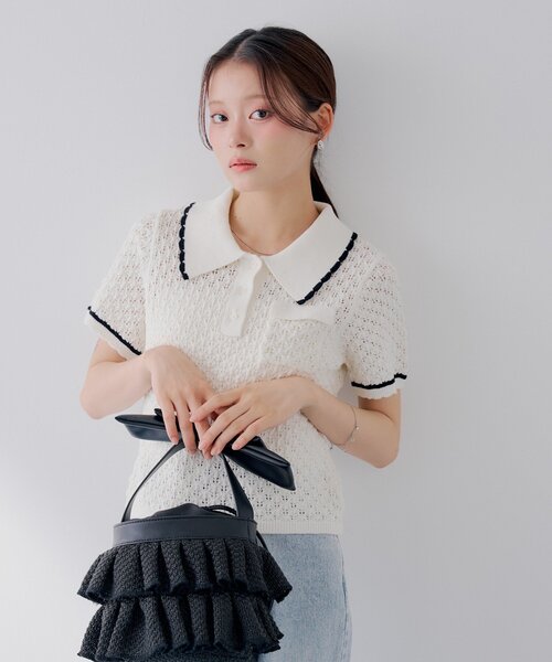 Chico（チコ） ニット セーター 「SALON by Chico」クロシェポロ袖 限定値下げ中 【SALON by Chico】クロシェポロ袖ラインサマーニット