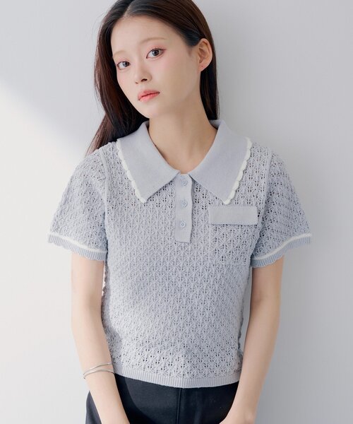 Chico（チコ） ニット セーター 「SALON by Chico」クロシェポロ袖 限定値下げ中 【SALON by Chico】クロシェポロ袖ラインサマーニット