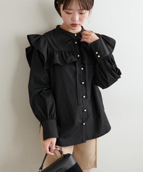 natural couture シャツ ブラウス ヨークフリル細ヒモリボンブラウス
