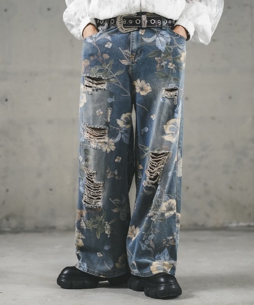 thesupermade 花柄ワイドレッグデニムパンツ Shoowtime ジーンズ レトロフラワーパターンワイドデニムパンツ
