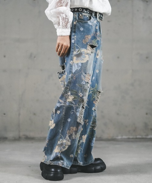 thesupermade 花柄ワイドレッグデニムパンツ ライトオンスデニム フラワーガーデン刺繍フレアパンツ（ワイド