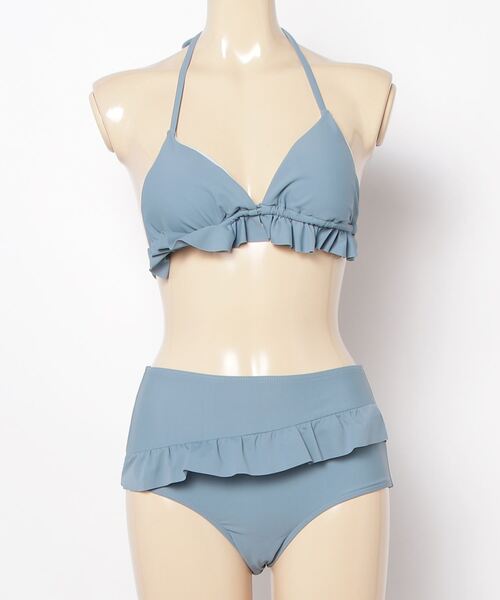 水着 タンキニ ビキニ フリル 水色 ハイウエスト バックリボン Lace Ladies 水着 バックリボンデザイン リボン風ビキニ・ハイ