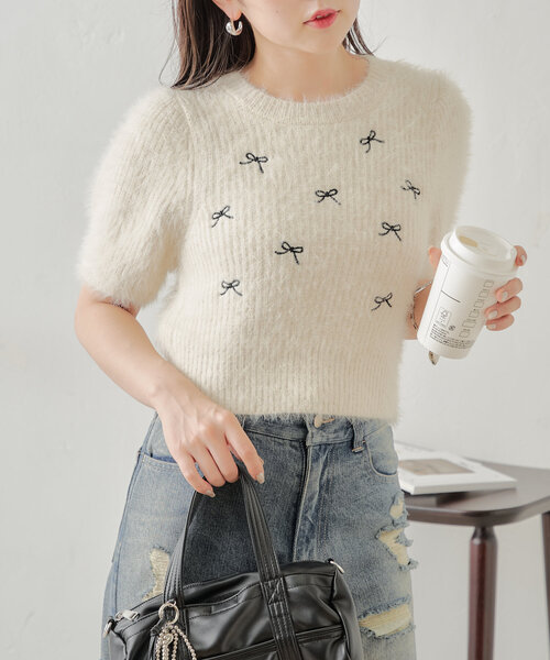 モチーフシャギーニット リボン Chico ニット リボン刺繍入りシャギーニット レディース