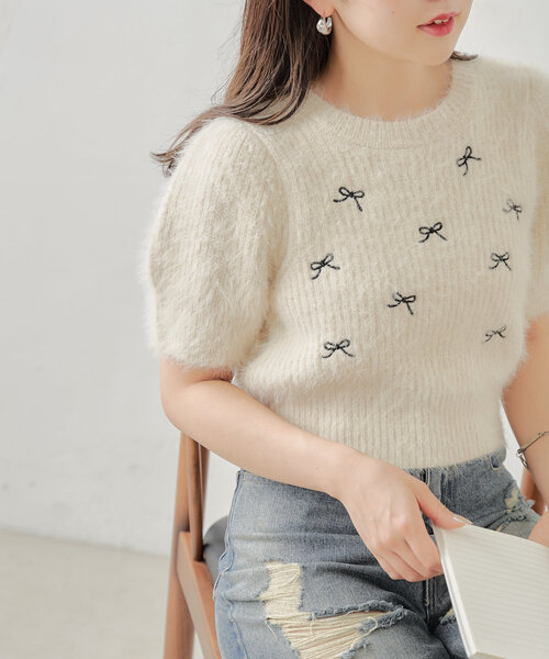 ニット セーター リボンチャームシャギーツインニット レディース Chico ニット リボン刺繍入りシャギーニット レディース
