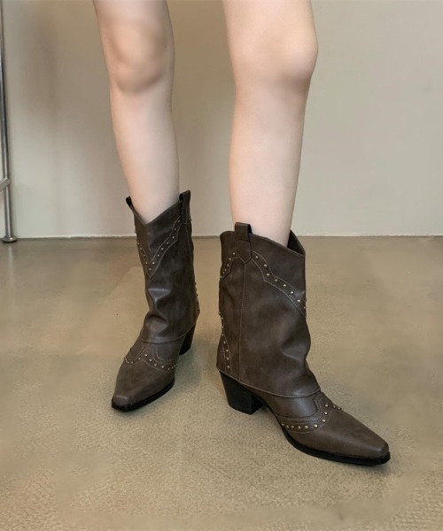 24cm ヴィンテージライクスタッズ付ウエスタンカバーブーツ SHEENA SHEENA ブーツ ヴィンテージライクスタッズ付ウエスタンカバー