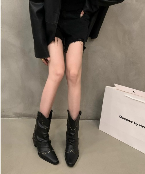 24cm ヴィンテージライクスタッズ付ウエスタンカバーブーツ SHEENA SHEENA ブーツ ヴィンテージライクスタッズ付ウエスタンカバー