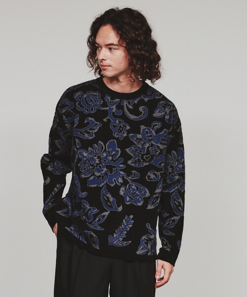 THE SHOP TK タケオキクチ 長袖 パネルアートニット L ネイビー