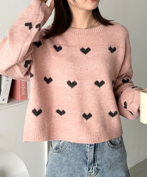NKNT ハート柄 長袖ニットセーター NKNT ハート柄 長袖ニットセーター NKNT ハート柄 長袖ニットセーター