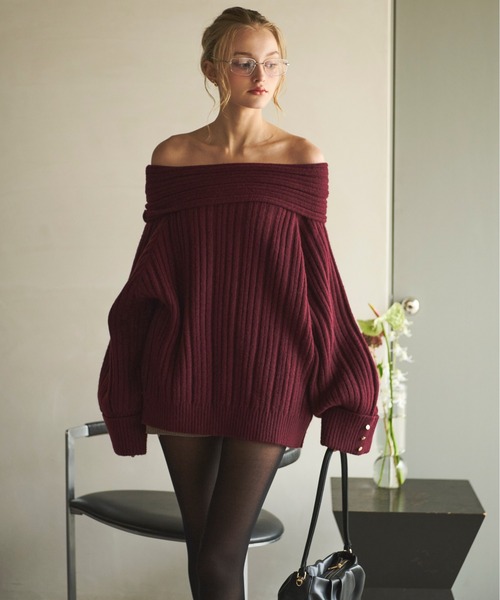 ニット セーター FS RIBBON OFF-SHOULDER KNIT ZIP UP レディース セール】FS RIBBON OFF-SHOULDER KNIT ZIP UP（ニット/セーター