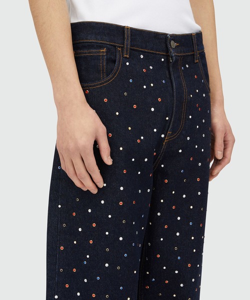 ワイドパンツ ジーンズ マルチスタッズ ワイドレッグデニムパンツ メンズの画像