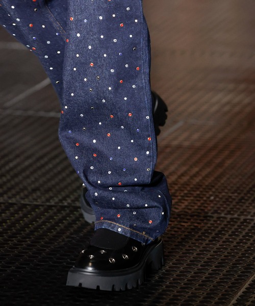 ワイドパンツ ジーンズ マルチスタッズ ワイドレッグデニムパンツ メンズの画像