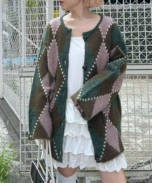 Alley Tokyo カーディガン アーガイル柄のふさふさBIGカーデ