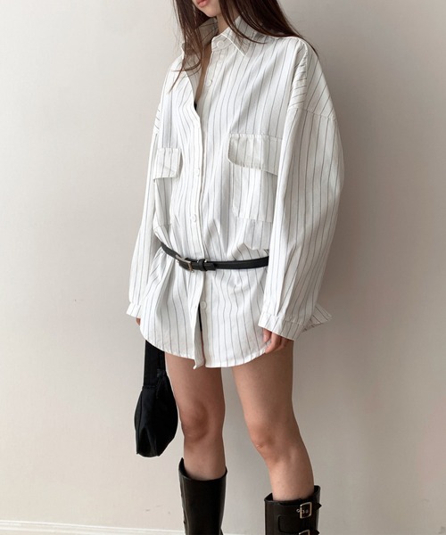 ブラウス シャツ big pocket stripe oversize shirt レディース