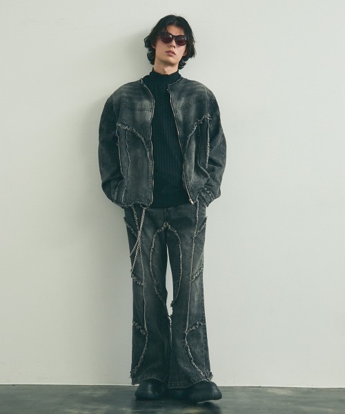 デニムセットアップ Shoowtime セットアップ Colorless fringe zip-up denim setup