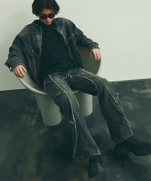 Shoowtime セットアップ Colorless fringe zip-up denim setup