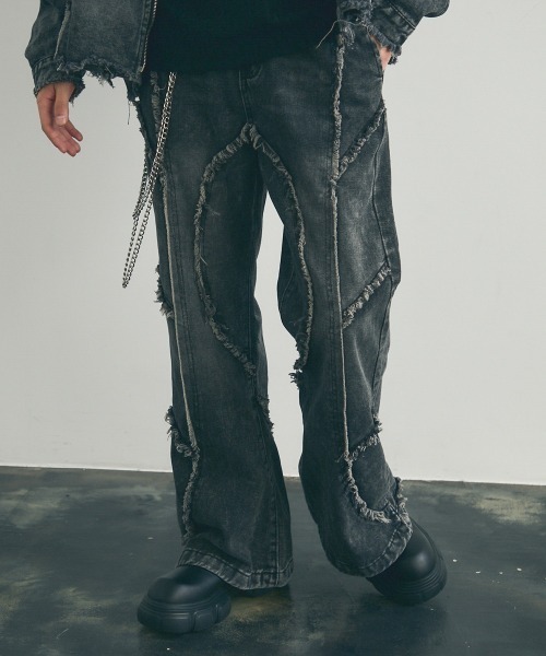 Shoowtime セットアップ Colorless fringe zip-up denim setup