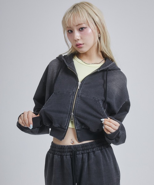 ENVYM パーカー ウォッシュドショートパーカー レディース