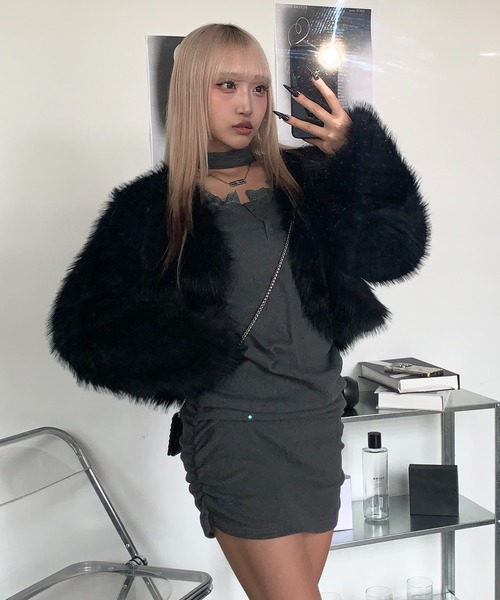 lilful コート アウター ショート丈 ベーシック フェイクファーコート