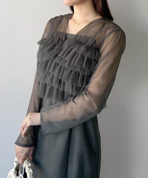 【GREYISH PURPLE】フリルチュールトップス * キャミワンピース(セットアイテム) GREYISH PURPLE】フリルチュールトップス * キャミワンピース(セット