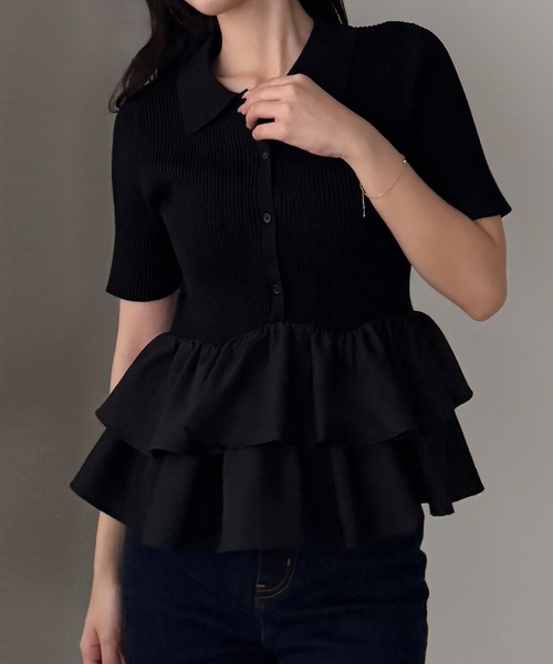 【ブラック】Louere フリルドッキングニットトップス Louere（ルエレ） ニット セーター フリルドッキングニットトップス
