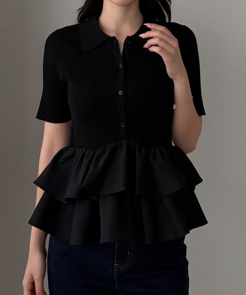 【アイボリー】Louere フリルドッキングニットトップス Louere（ルエレ） ニット セーター フリルドッキングニットトップス