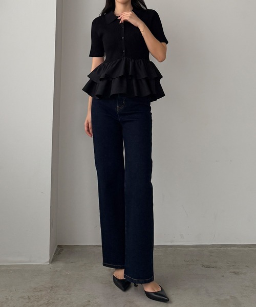 【ブラック】Louere フリルドッキングニットトップス Louere（ルエレ） ニット セーター フリルドッキングニットトップス