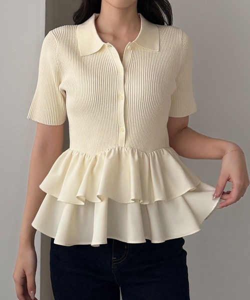 【アイボリー】Louere フリルドッキングニットトップス Louere（ルエレ） ニット セーター フリルドッキングニットトップス