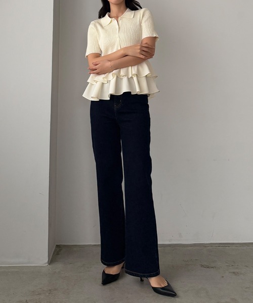 【チャコール】Louere フリルドッキングニットトップス Louere（ルエレ） ニット セーター フリルドッキングニットトップス