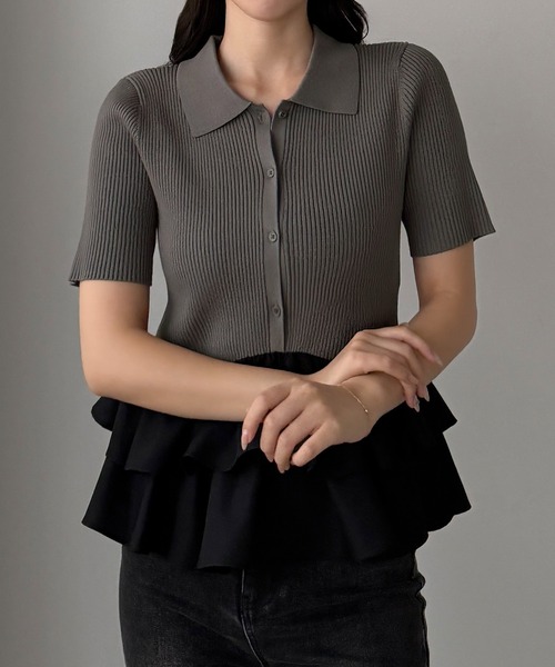 【ブラック】Louere フリルドッキングニットトップス Louere（ルエレ） ニット セーター フリルドッキングニットトップス
