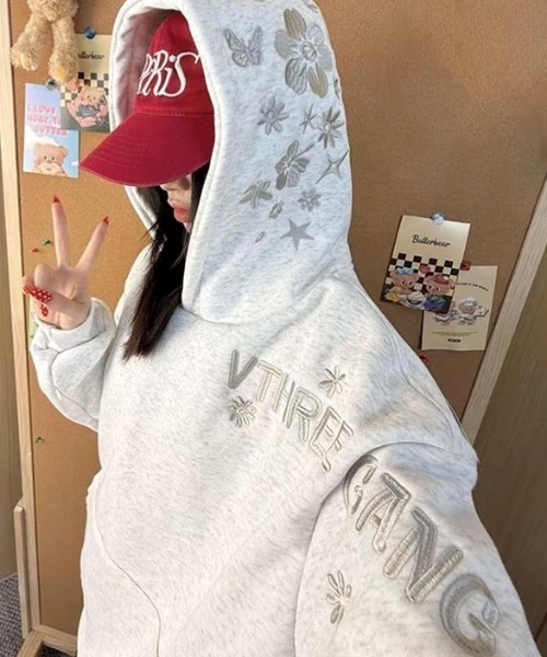 DWD フード付きパーカー D刺繍付き SHEENA（シーナ） パーカー フード刺繍ロゴオーバーサイズパーカー