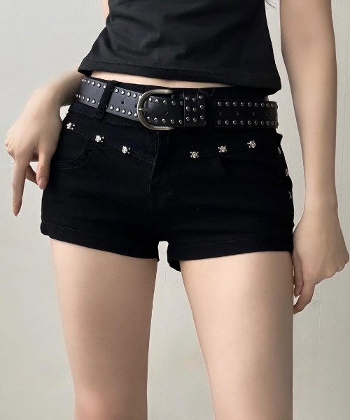 00s GLAD NEWS ブラックデニム ショートパンツ 髑髏スタッズ y2k gossip!ロサンゼルス ジーンズ デニム デニムパンツ Y2Kスカルスタッズ