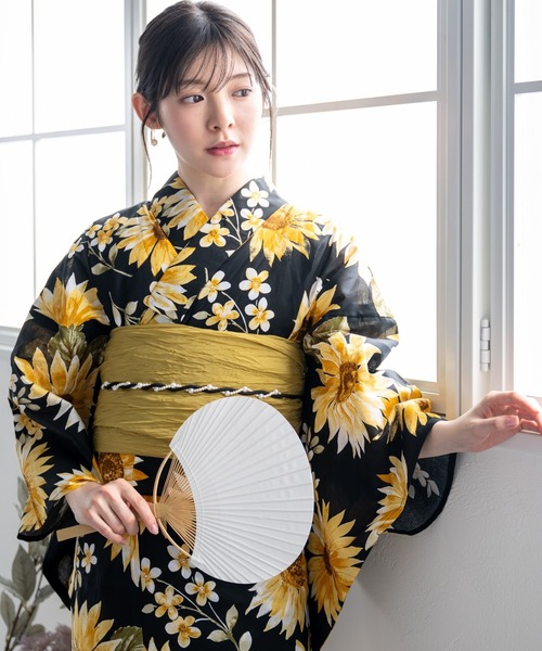 浴衣 「1人で着られる浴衣4点セット」浴衣・兵児帯・腰紐2本「夏花浴衣」 レディース