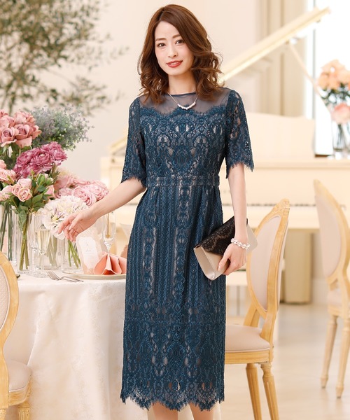 PourVous ドレス スカラップワンピースドレスロング＆七分袖結婚