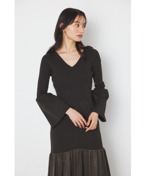 布帛 コンビニット マーメイド ワンピース 黒 ブラック フリル リボン  