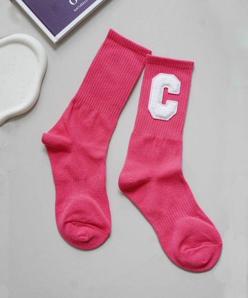 Port 靴下 ネオンカラー アルファベット パッチロゴ ソックス / クルー
