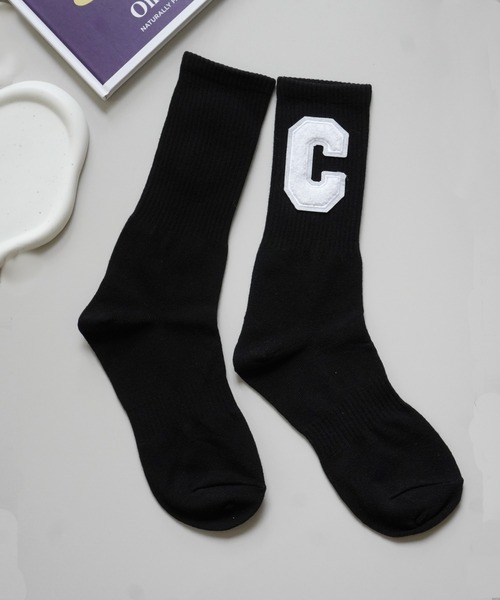 Port 靴下 ネオンカラー アルファベット パッチロゴ ソックス / クルー